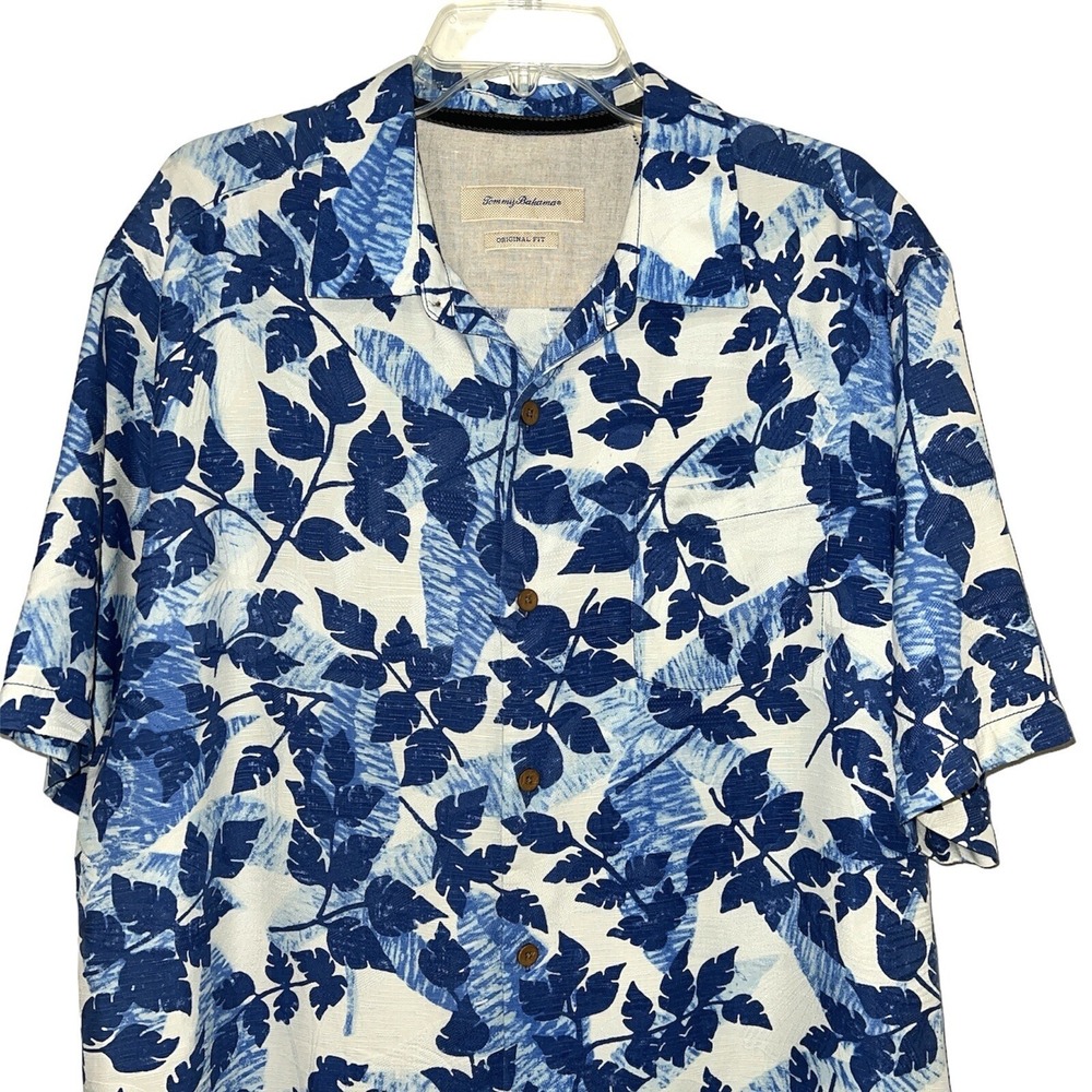 Tommy Bahama Silk Shirt Mens Large Blue Tropical Leaf Camp Original Fit